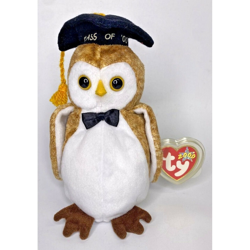 2000 Ty Beanie Baby Wisest Retired Graduation Owl Plush Brown White BB1